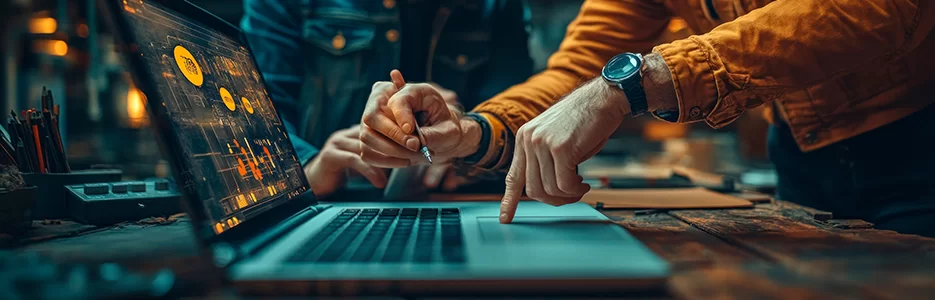 Reunião estratégica de consultoria de marketing com empresários analisando indicadores de crescimento Planejamento de marketing corporativo com foco e