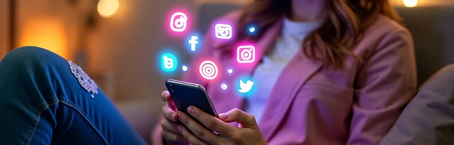 Profissional analisando perfil empresarial nas redes sociais enquanto avalia credibilidade, informações de contato, site institucional e reputação dig