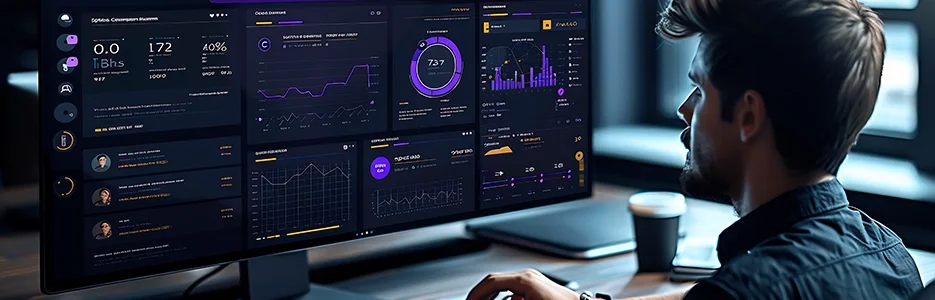 Equipe corporativa analisando dashboards e processos internos integrados por sistema de gestão personalizado para otimização operacional e crescimento